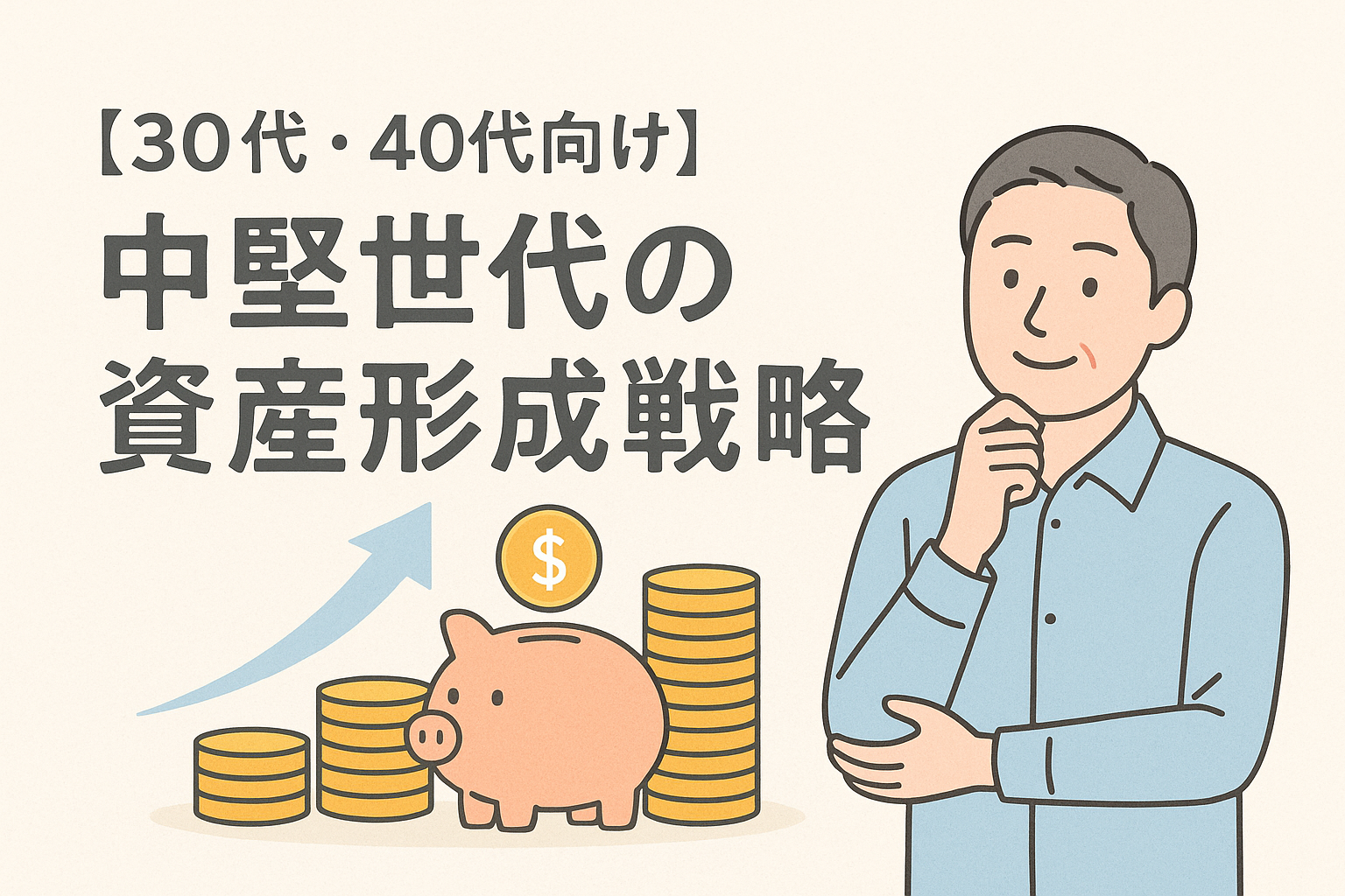 30代・40代の男性が資産形成を考える様子を描いたイラスト。背景にはコインの山、貯金箱、上昇する矢印があり、中堅世代の投資や貯蓄の成長をイメージした構図。