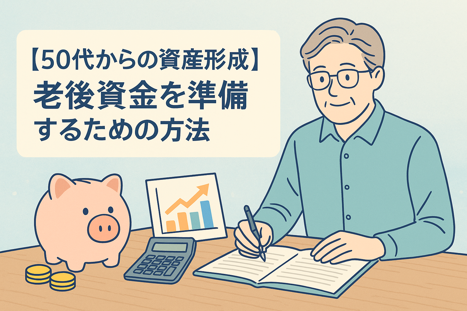 50代の男性がノートに家計を記録しながら、老後資金の計画を立てている様子を描いたイラスト。貯金箱やコイン、上昇グラフが配置され、資産形成を象徴するデザイン。