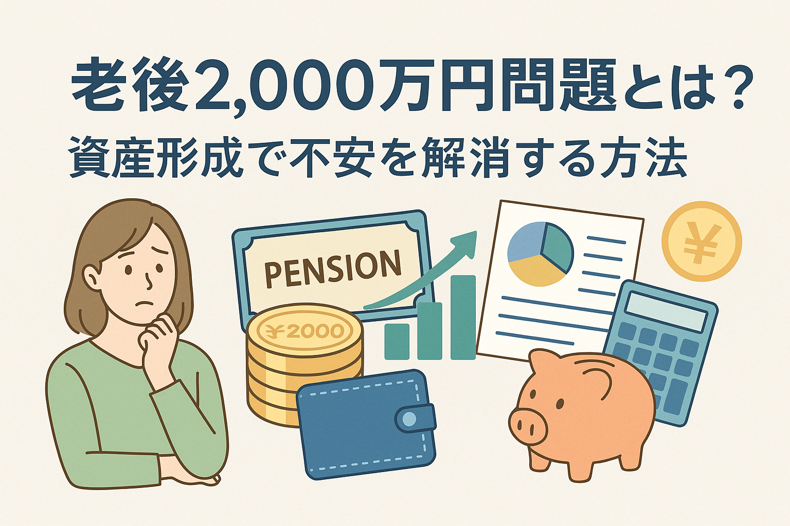 老後2,000万円問題の不安を抱える女性と、年金・貯金・グラフ・豚の貯金箱などのイラストを背景にした「老後2,000万円問題とは?資産形成で不安を解消する方法」というタイトル入りの画像。資産形成の重要性をわかりやすく伝える構図。