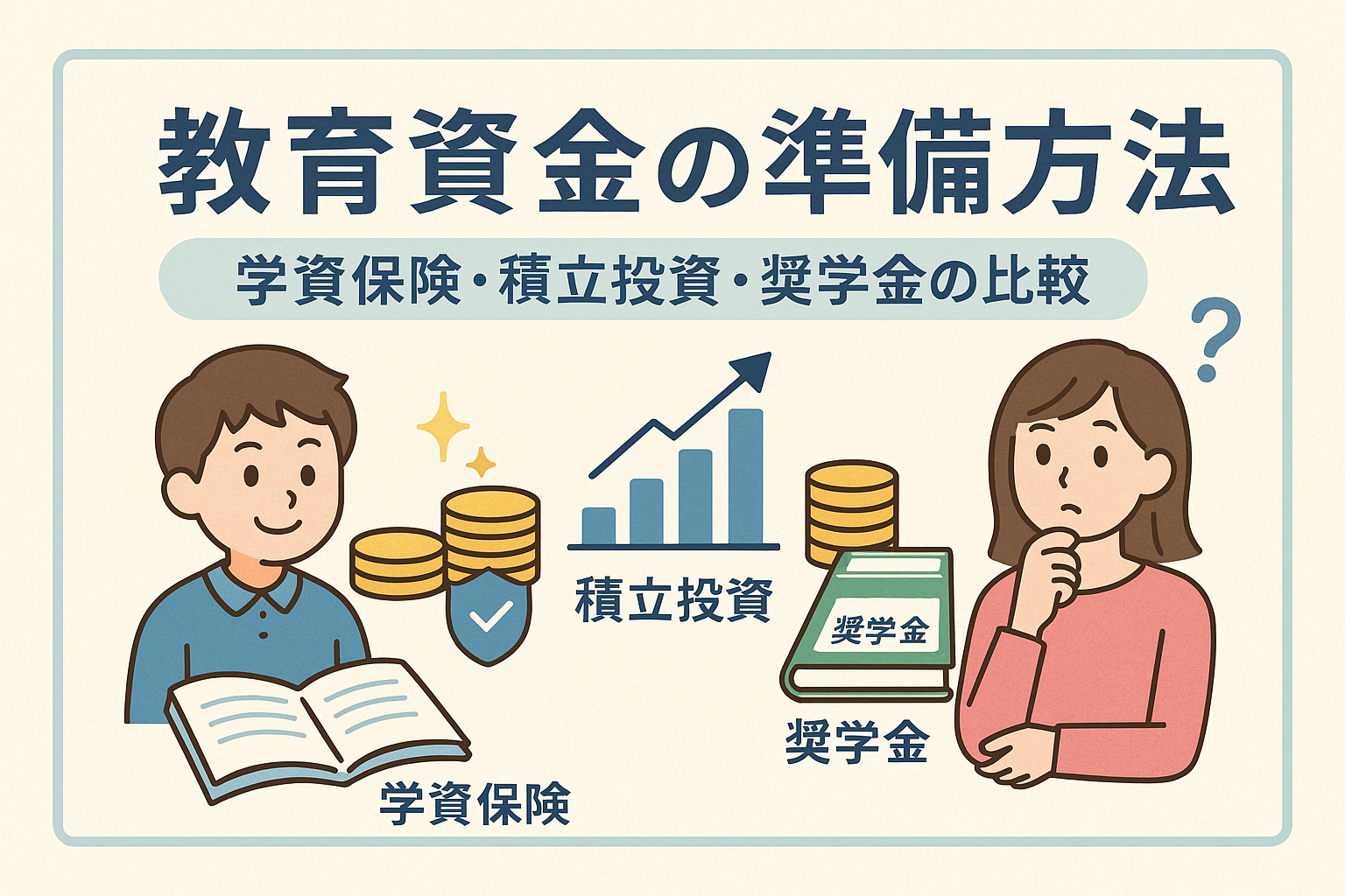教育資金の準備方法をテーマに、学資保険・積立投資・奨学金を比較するイラスト。男の子とコイン、上昇グラフ、本をモチーフに、貯蓄や投資のイメージをわかりやすく表現している。