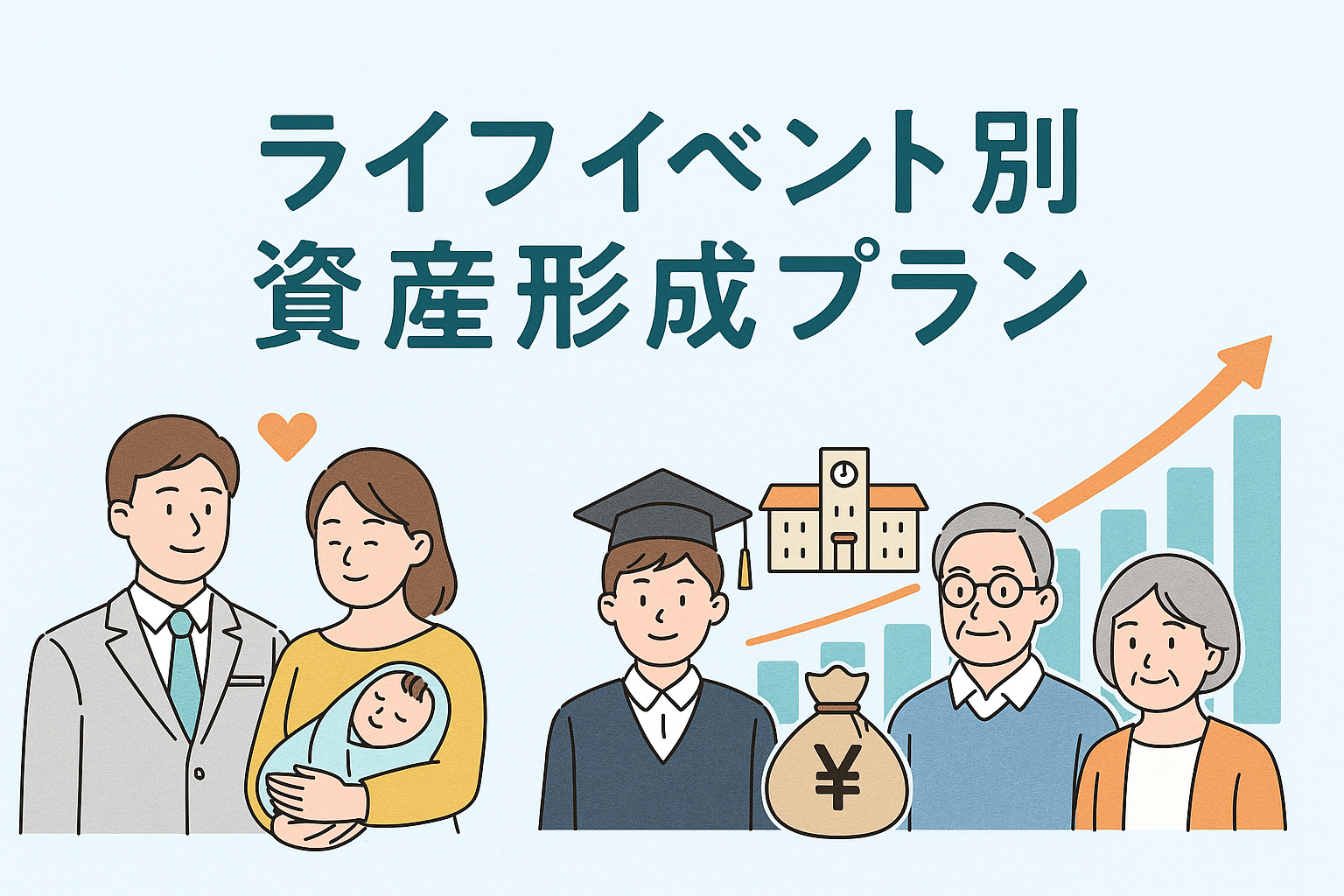 ライフイベント別資産形成プランをテーマにしたイラスト。結婚、出産、教育、老後を象徴する家族や学校、グラフ、貯金袋のアイコンが描かれ、人生設計と資産づくりの流れをわかりやすく表現している。