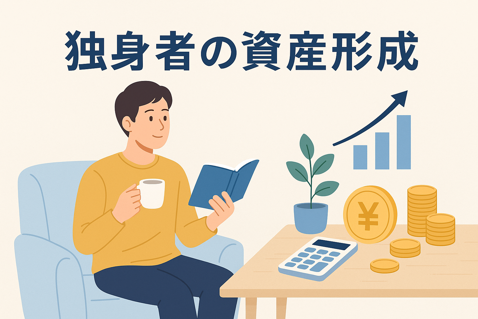 独身者の資産形成をテーマにしたイラスト。電卓を手に笑顔で資産管理を行う男性の姿と、上昇するグラフやコインが描かれ、一人暮らしでも無理なくお金を増やす方法をイメージさせるデザイン。