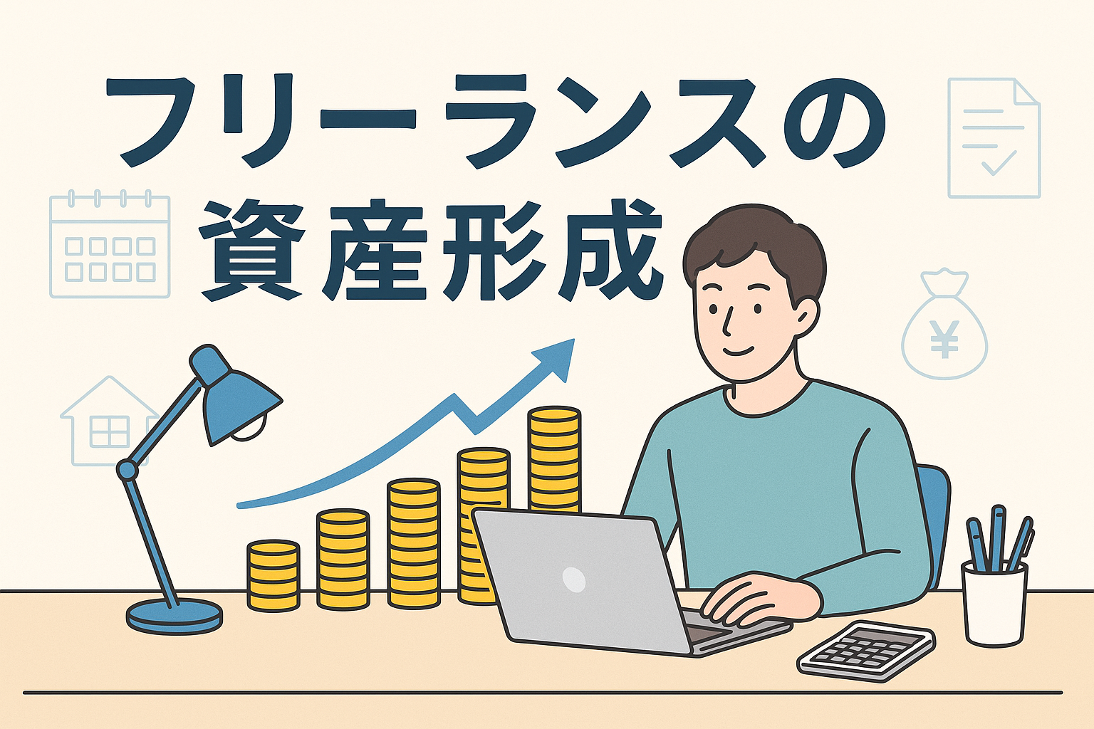 ノートパソコンで仕事をするフリーランス男性が、貯金や投資の成長を表す上昇グラフやコインを背景に描かれたイラスト。資産形成をテーマにした清潔感のあるデザイン。