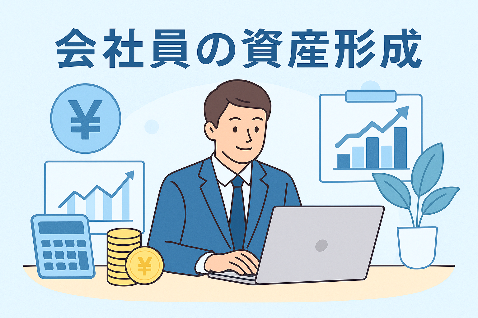 スーツ姿の会社員がノートパソコンで資産運用の計画を立てているイラスト。背景には上昇グラフや円マーク、コインなどが描かれ、給与を活かした資産形成のイメージを表現している。
