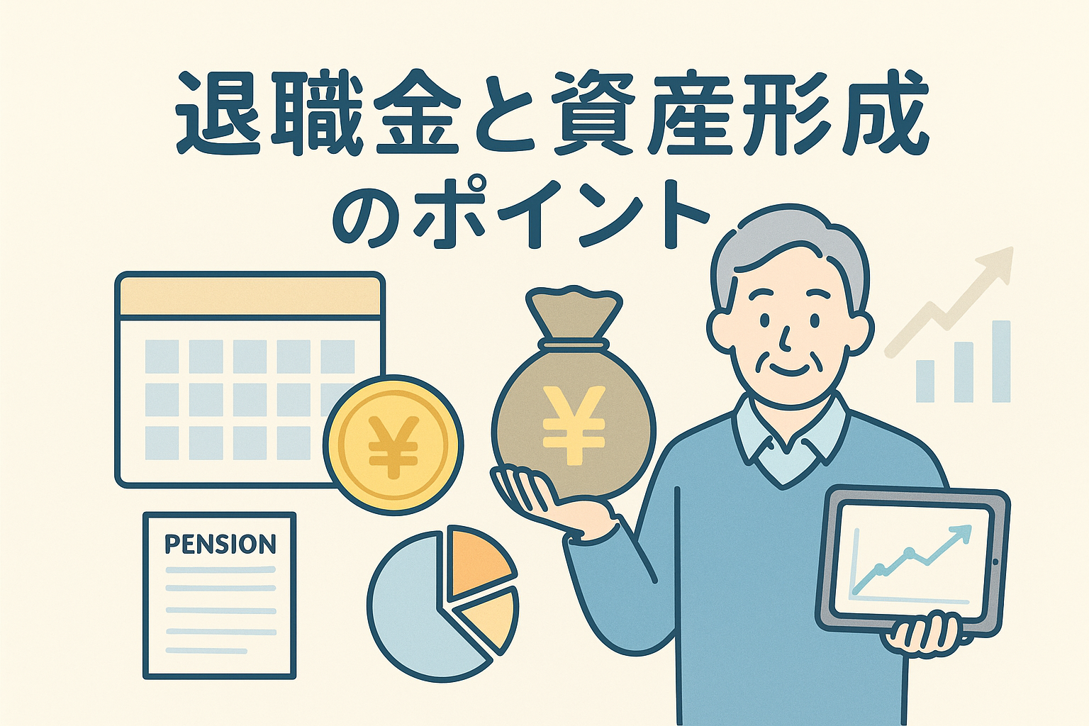 退職金を受け取った中高年男性がタブレットを手に資産運用を考えているイラスト。背景には上昇グラフやコイン、円マーク、年金書類などが描かれ、老後資金や資産形成のイメージを表現している。