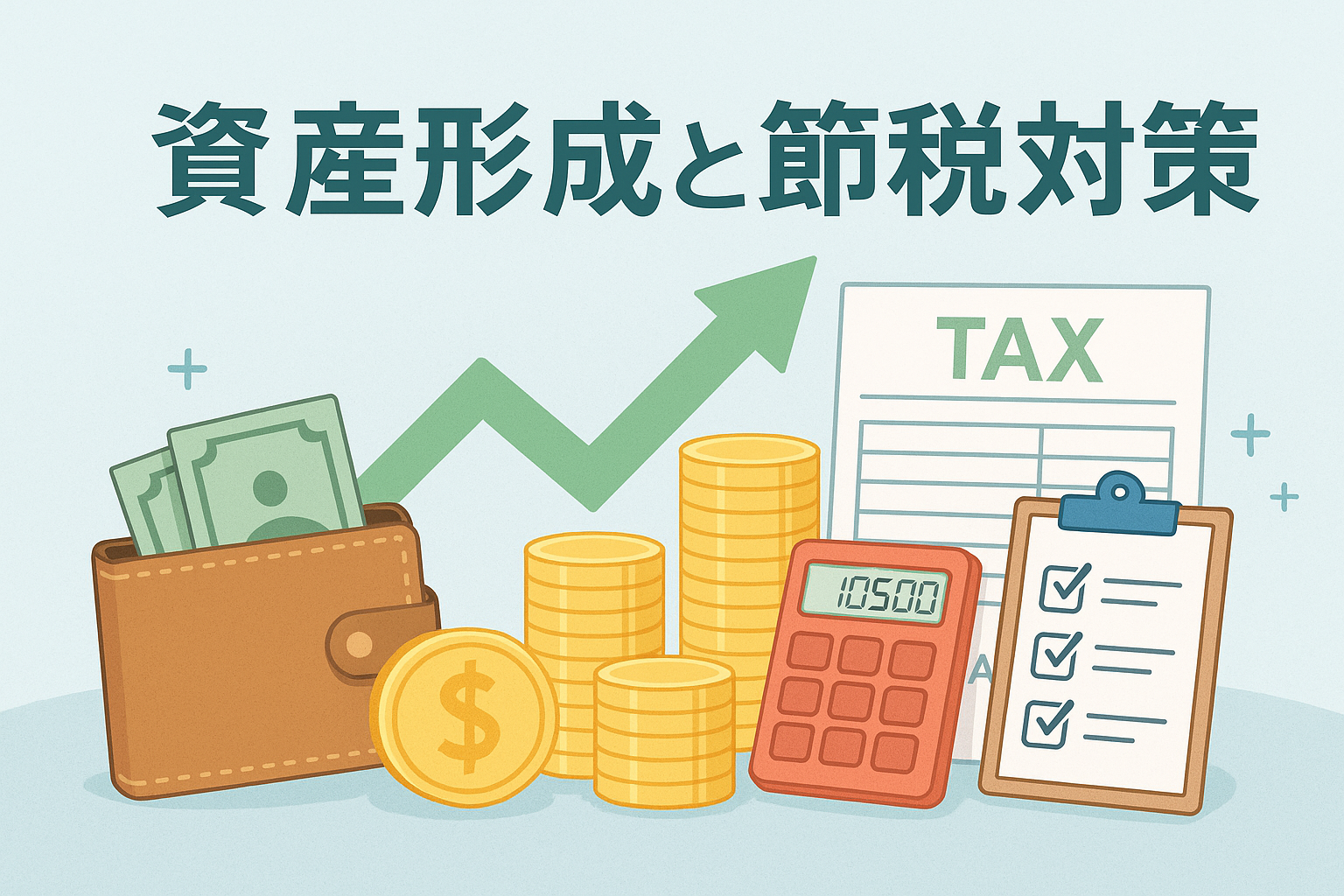 資産形成と節税対策をテーマにしたイラスト。財布、硬貨、電卓、税金書類、上向きの矢印などのモチーフで、資産の増加と税負担の軽減をわかりやすく表現したデザイン。