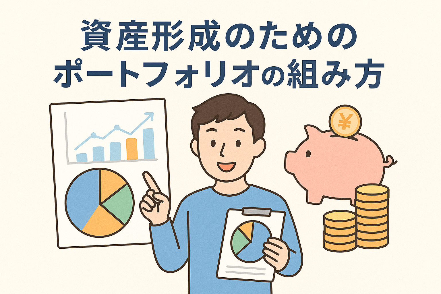 資産形成のためのポートフォリオの組み方をイメージしたイラスト。グラフや円チャートを示す男性と貯金箱、コインが描かれ、分散投資や資産配分の考え方をわかりやすく表現している。