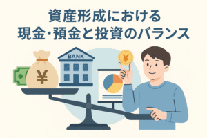 資産形成における現金・預金と投資のバランスをイメージしたイラスト。銀行、現金袋、グラフ、そして投資を示す男性が描かれ、貯蓄と投資の最適な比率を考えるテーマを表現している。