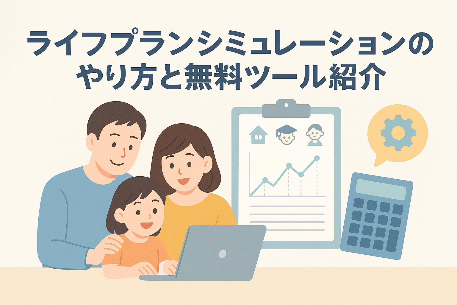 家族がノートパソコンを使ってライフプランシミュレーションをしている様子のイラスト。グラフや電卓、歯車のアイコンが描かれ、資産計画や将来設計をイメージできる構図。