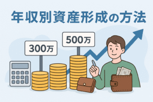年収300万円・500万円・700万円の違いを表すコインと人物イラストを使い、資産形成の方法をわかりやすく説明するデザイン。上部に「年収別資産形成の方法」と大きく書かれた親しみやすいアイキャッチ画像。