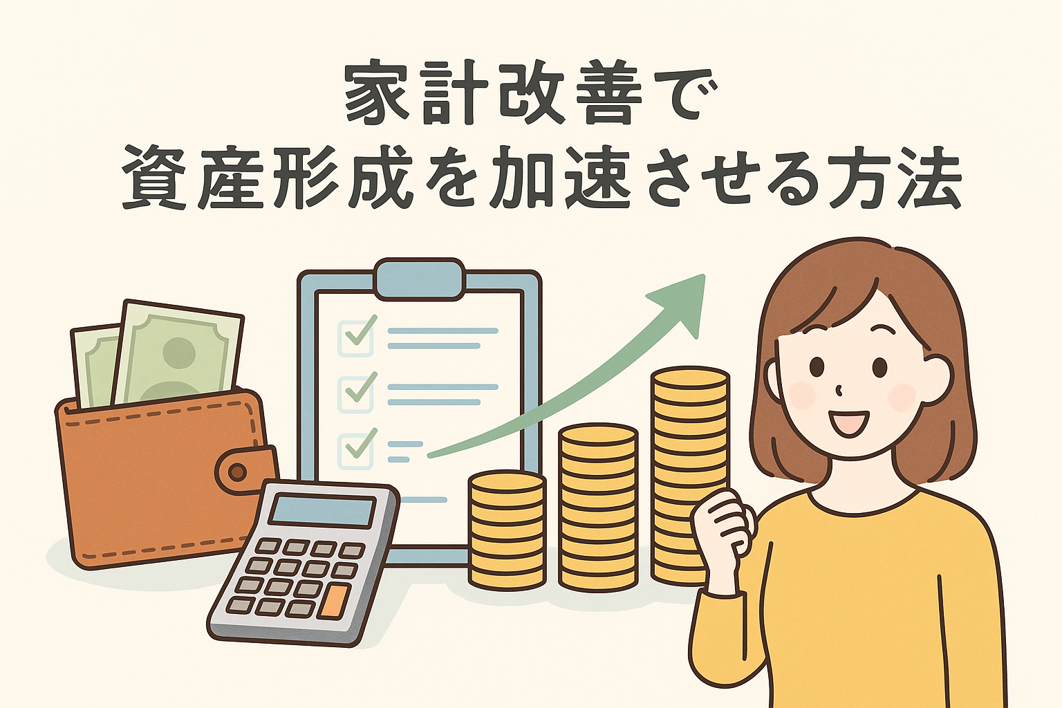 家計簿や電卓、コインの山と笑顔の女性が描かれたイラストで、家計改善によって資産形成を加速させるイメージを表現したアイキャッチ画像。