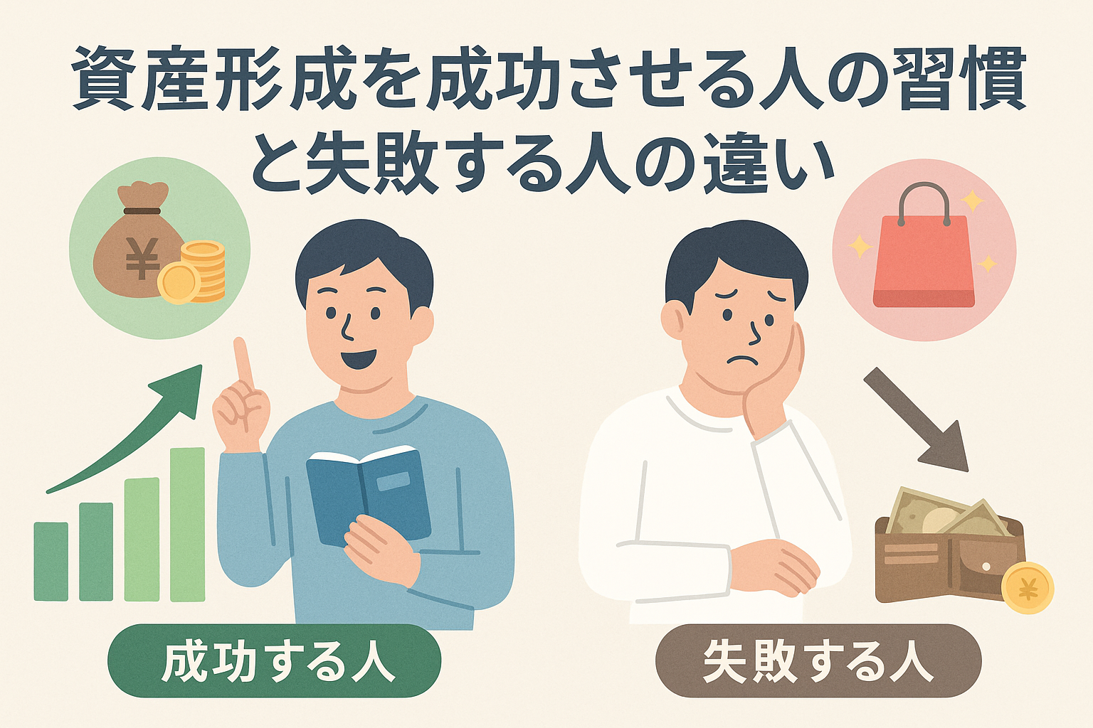 資産形成を成功させる人と失敗する人の違いを比較したイラスト。左には上昇するグラフと笑顔の男性、右には悩む表情の男性と下向きの矢印が描かれ、貯蓄と浪費の違いをわかりやすく表現している。