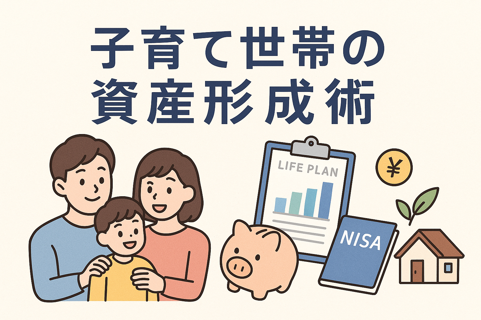 子育て世帯が家計や資産形成について話し合う様子を描いたイラスト。NISAやライフプラン表、貯金箱などが描かれ、教育費と老後資金の両立をテーマにした温かみのあるデザイン。