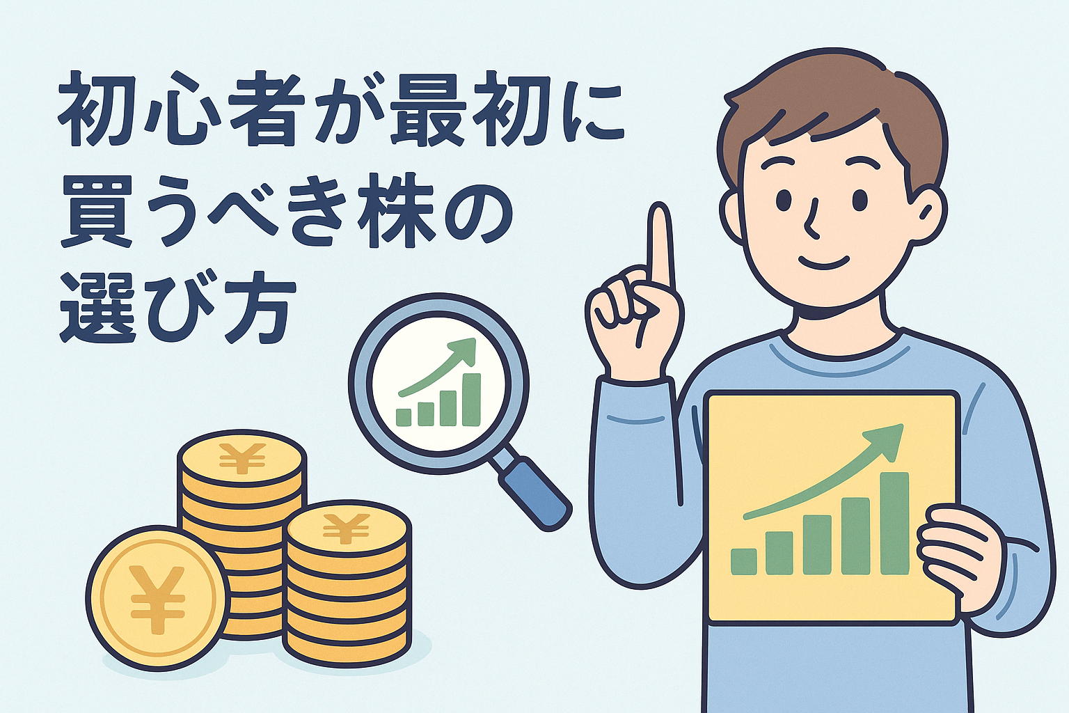 株式投資の初心者が最初に買うべき株の選び方をイメージしたイラスト。若い男性が成長グラフを持ち、背景にはコインや拡大鏡、上昇チャートが描かれた、投資の基礎を表すデザイン。