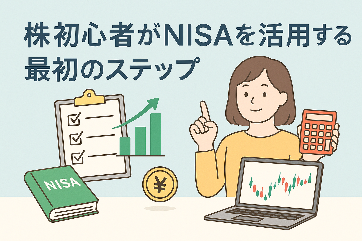 NISAを活用して投資を始める株初心者をイメージしたイラスト。若い女性が電卓とノートパソコンを使いながら投資を学び、横にはNISAの本と上昇グラフ、チェックリストが描かれている。
