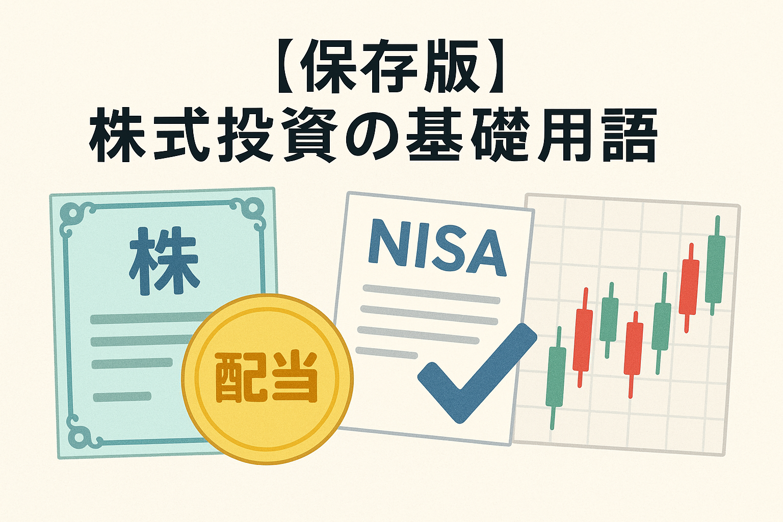 株式投資の基礎用語をテーマにした日本語アイキャッチ画像。株券やNISAの書類、配当コイン、株価チャートを背景に「【保存版】株式投資の基礎用語」と書かれており、初心者が投資を学ぶイメージをわかりやすく表現している。