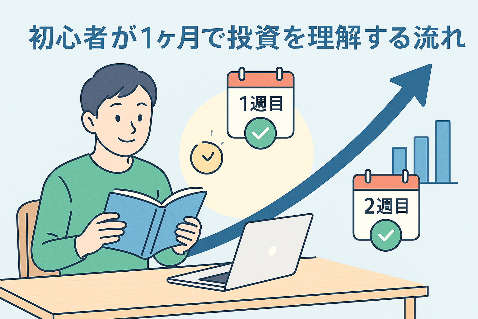 初心者が1ヶ月で投資を理解する流れをイメージした日本語アイキャッチ画像。ノートパソコンで学ぶ男性と上昇する矢印、カレンダーアイコン、グラフを描いたデザインで、投資学習のステップアップをわかりやすく表現している。