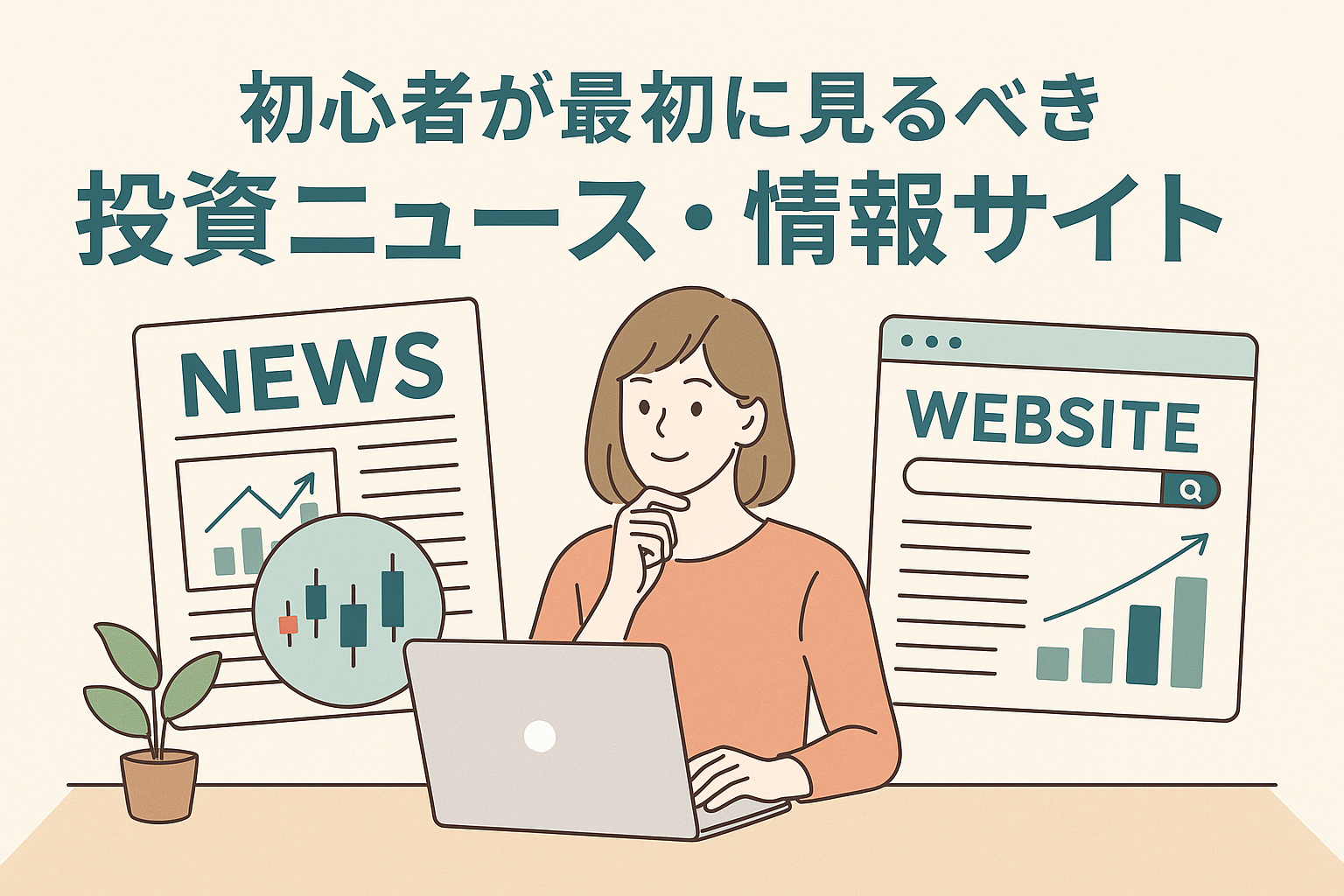 ノートパソコンで投資ニュースを調べる女性のイラスト。株価チャートやニュースサイトの画面が背景に描かれ、初心者が投資情報を学ぶ様子を表現。