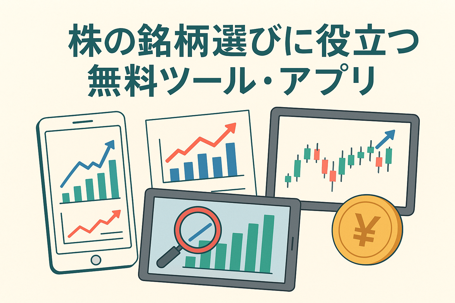 スマートフォンやタブレットで株価チャートやグラフを分析するイラスト。株の銘柄選びに役立つ無料ツールやアプリをイメージした親しみやすいデザイン。