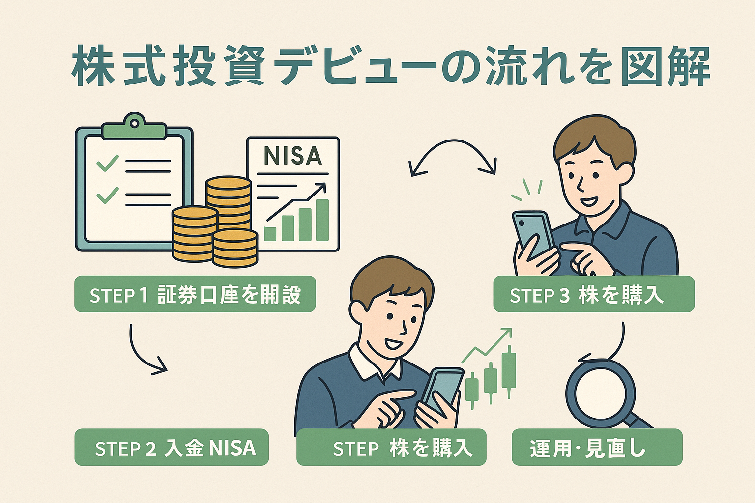 株式投資デビューの流れを図解したイラスト。証券口座開設からNISA設定、株購入、運用・見直しまでのステップを、男女のイラストと矢印でわかりやすく示したデザイン。