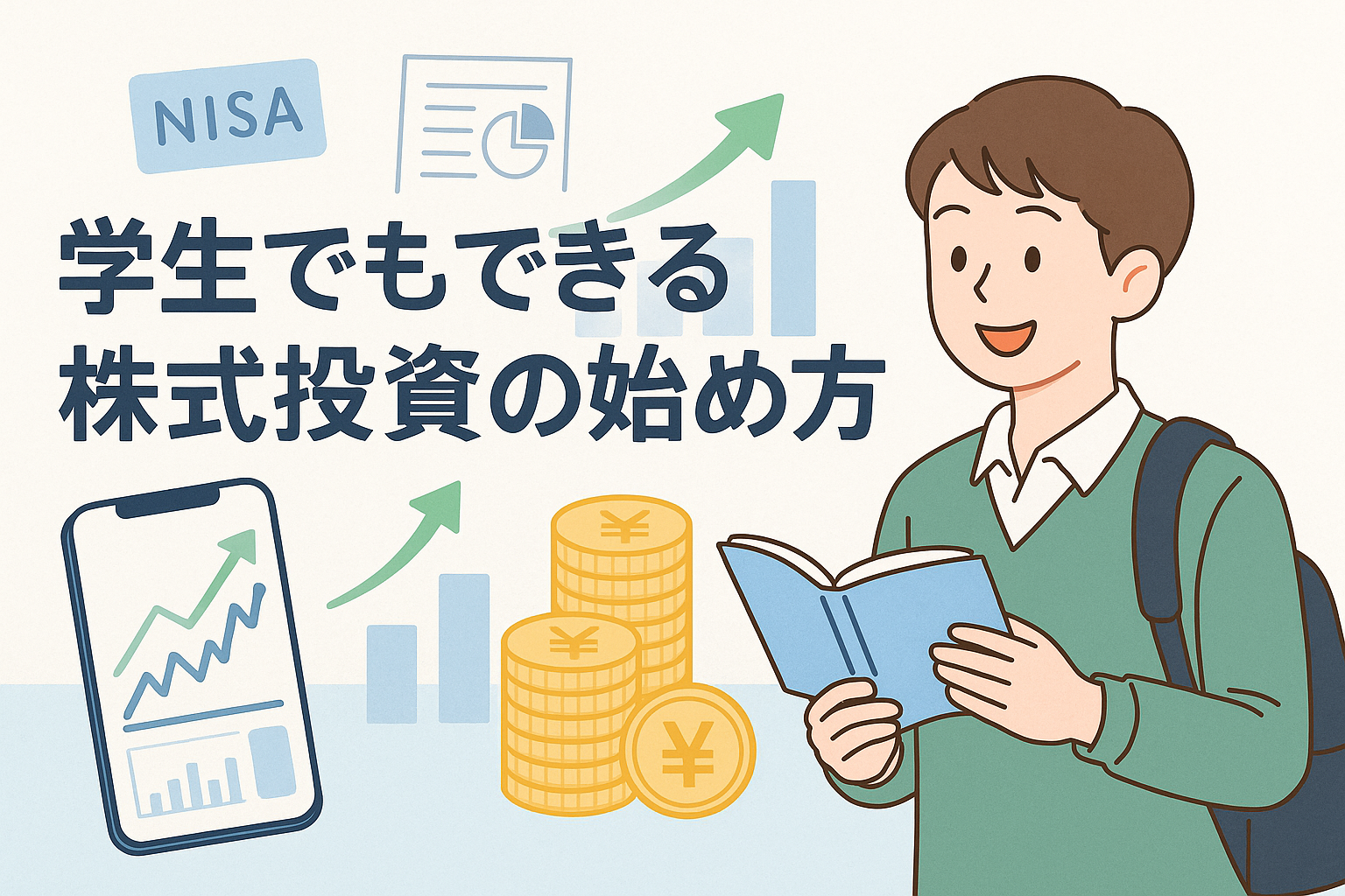 学生が株式投資を学ぶ様子を描いたイラスト。グラフやコイン、スマートフォンの株価チャートが背景にあり、「学生でもできる株式投資の始め方」という見出しが入ったデザイン。