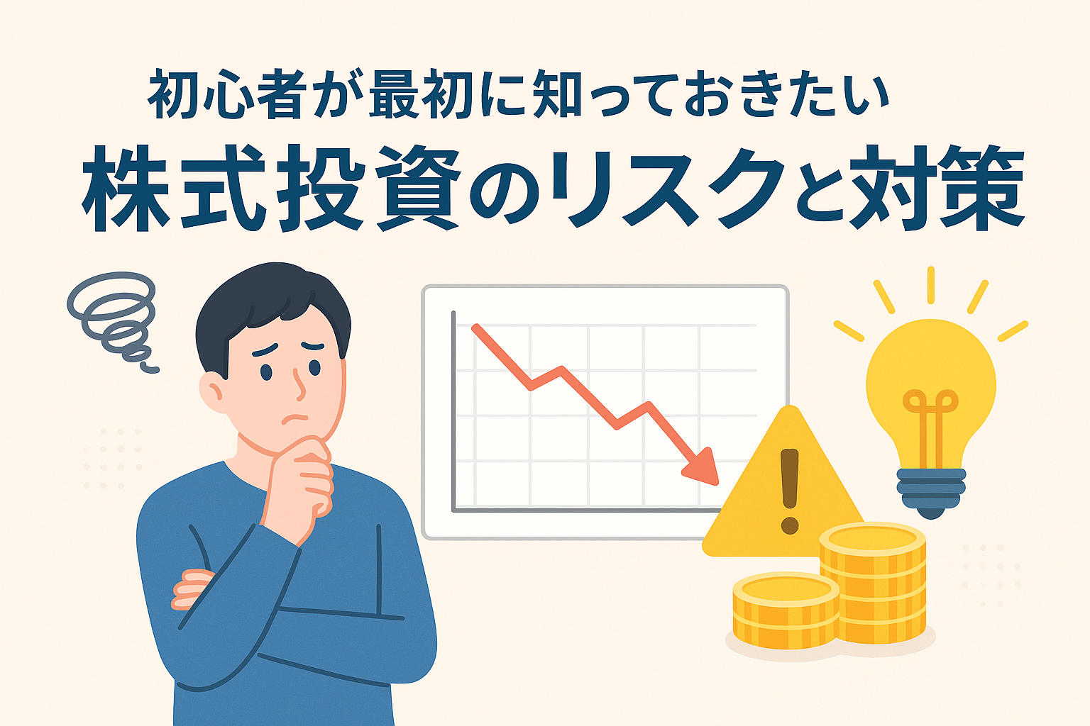 初心者が株式投資のリスクと対策を学ぶ様子を表したイラスト。下落グラフや警告マーク、電球などの要素でリスク管理と気づきを表現した清潔感あるデザイン。