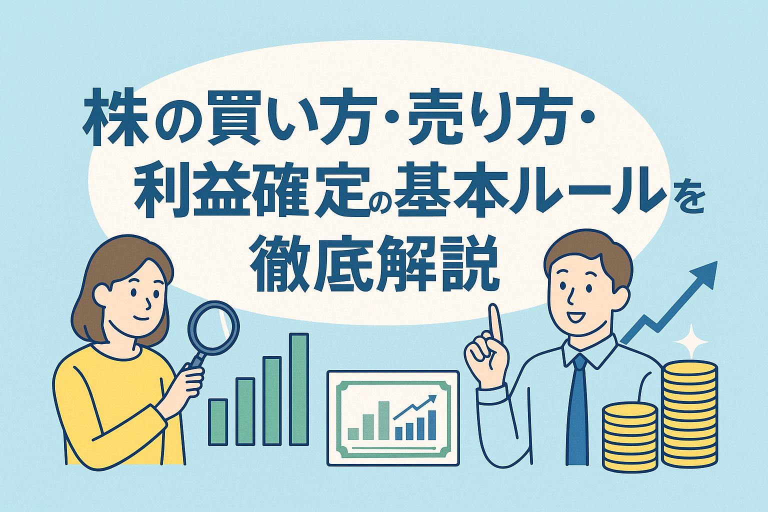 株の買い方・売り方・利益確定の基本ルールをわかりやすく解説する記事のアイキャッチ画像。グラフやコイン、男女の投資家イラストが描かれ、株式投資のイメージが直感的に伝わるデザイン。