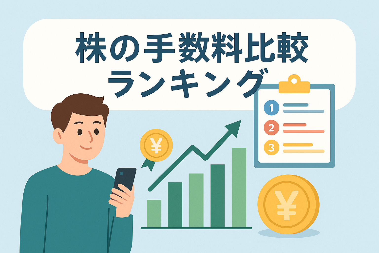 株の手数料比較ランキングの記事用アイキャッチ画像。スマホで株価を確認する男性のイラスト、上昇するグラフ、円マークのコイン、証券会社のランキング表が描かれ、手数料を比較するテーマが直感的に伝わるデザイン。