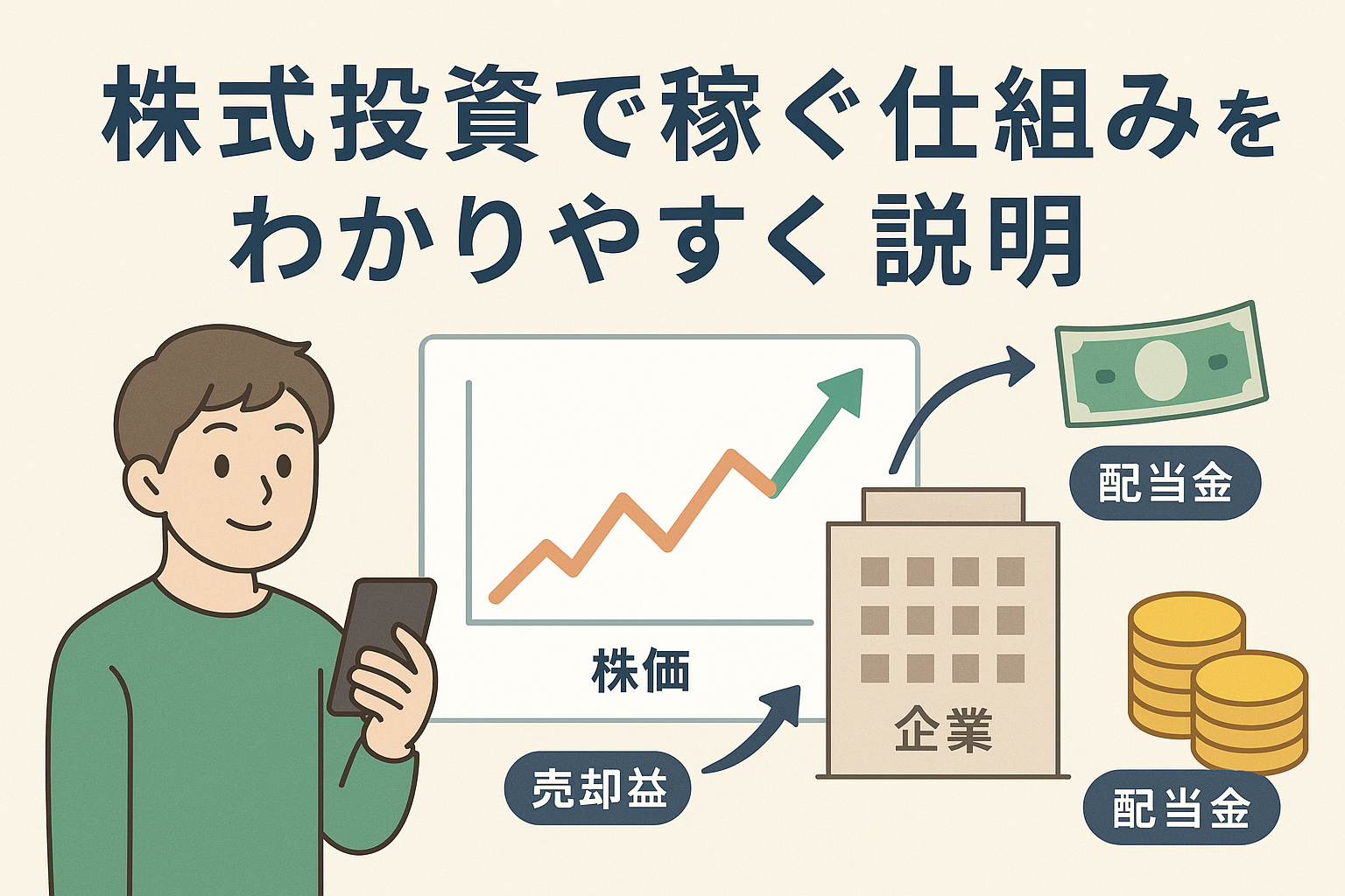 株式投資で稼ぐ仕組みをわかりやすく説明する図解。スマホを持つ投資家が、株価上昇グラフ・企業・配当金・売却益を見ながら、株式投資の利益の流れを理解しているイメージのイラスト。
