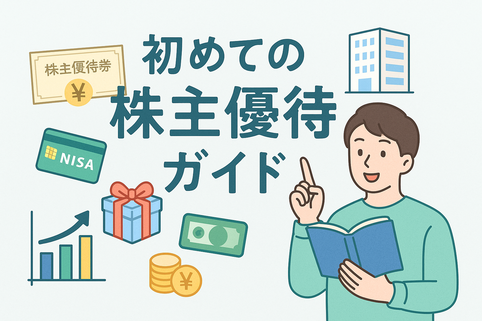 初めての株主優待ガイドの記事用アイキャッチ画像。笑顔の男性が株主優待券やNISAカード、ギフトボックス、グラフなどを指さしながら説明しているイラストで、株主優待の仕組みを初心者にもわかりやすく表現している。