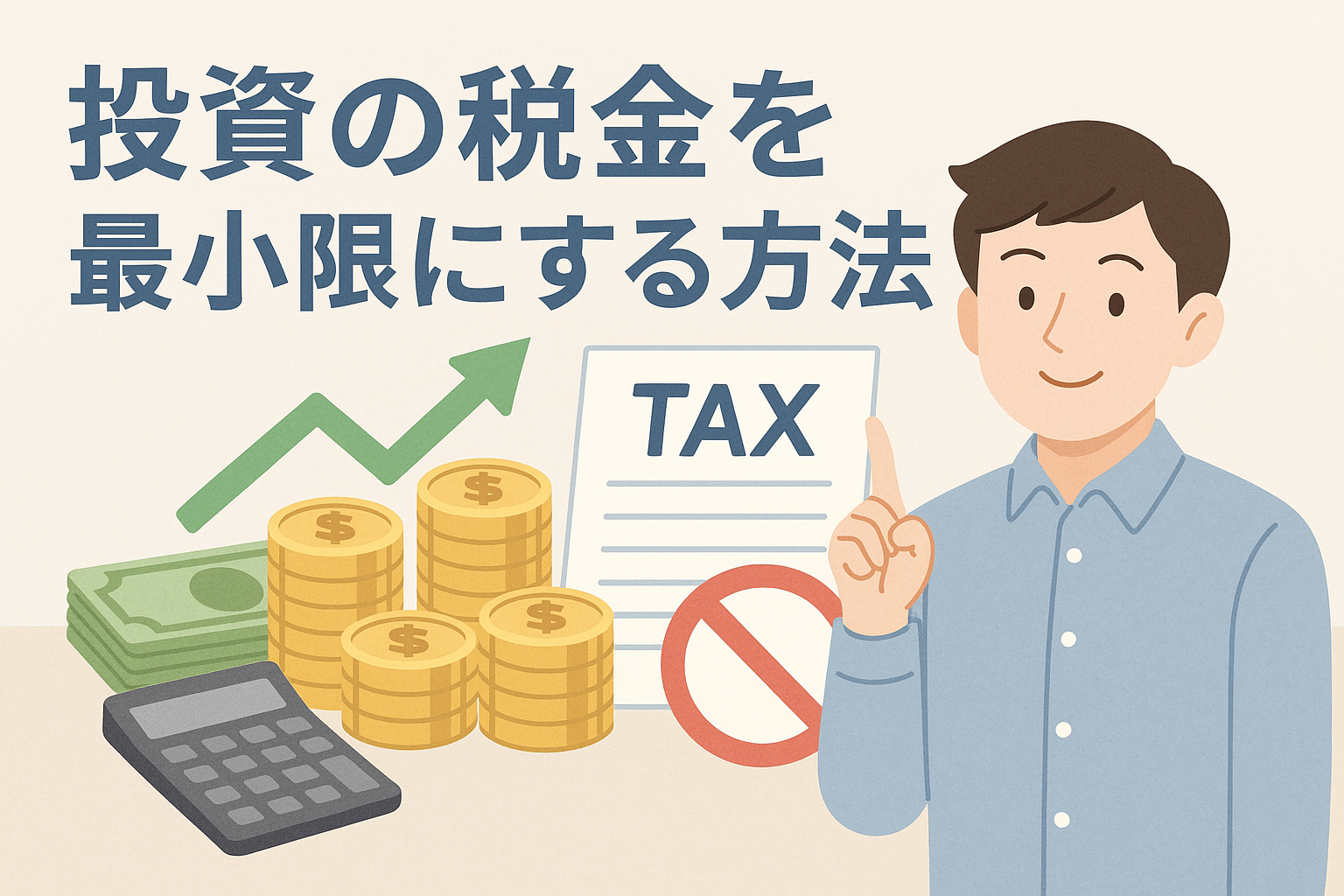 投資の税金を最小限にする方法をテーマにしたアイキャッチ画像。電卓やコイン、上昇するグラフ、TAX書類などが描かれ、税金対策と投資のイメージをわかりやすく表現している。