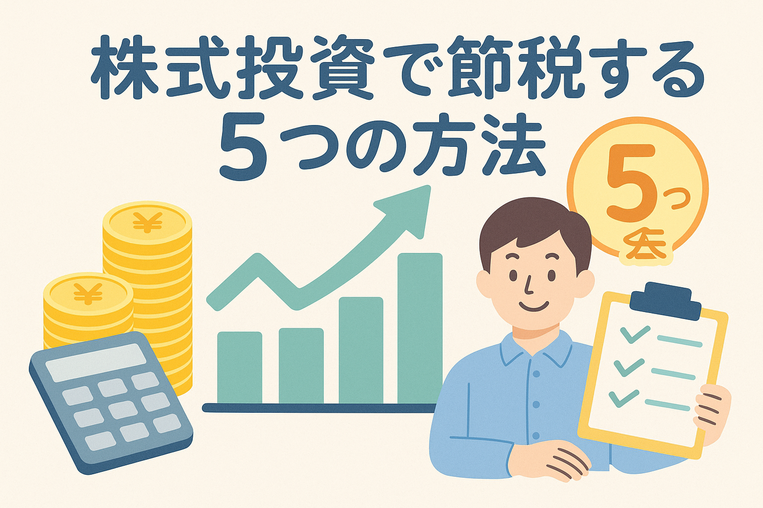 株式投資で節税する5つの方法を紹介するアイキャッチ画像。電卓やグラフ、コインを背景にしたビジネスマンのイラストで、投資と税金対策のイメージを親しみやすく表現している。