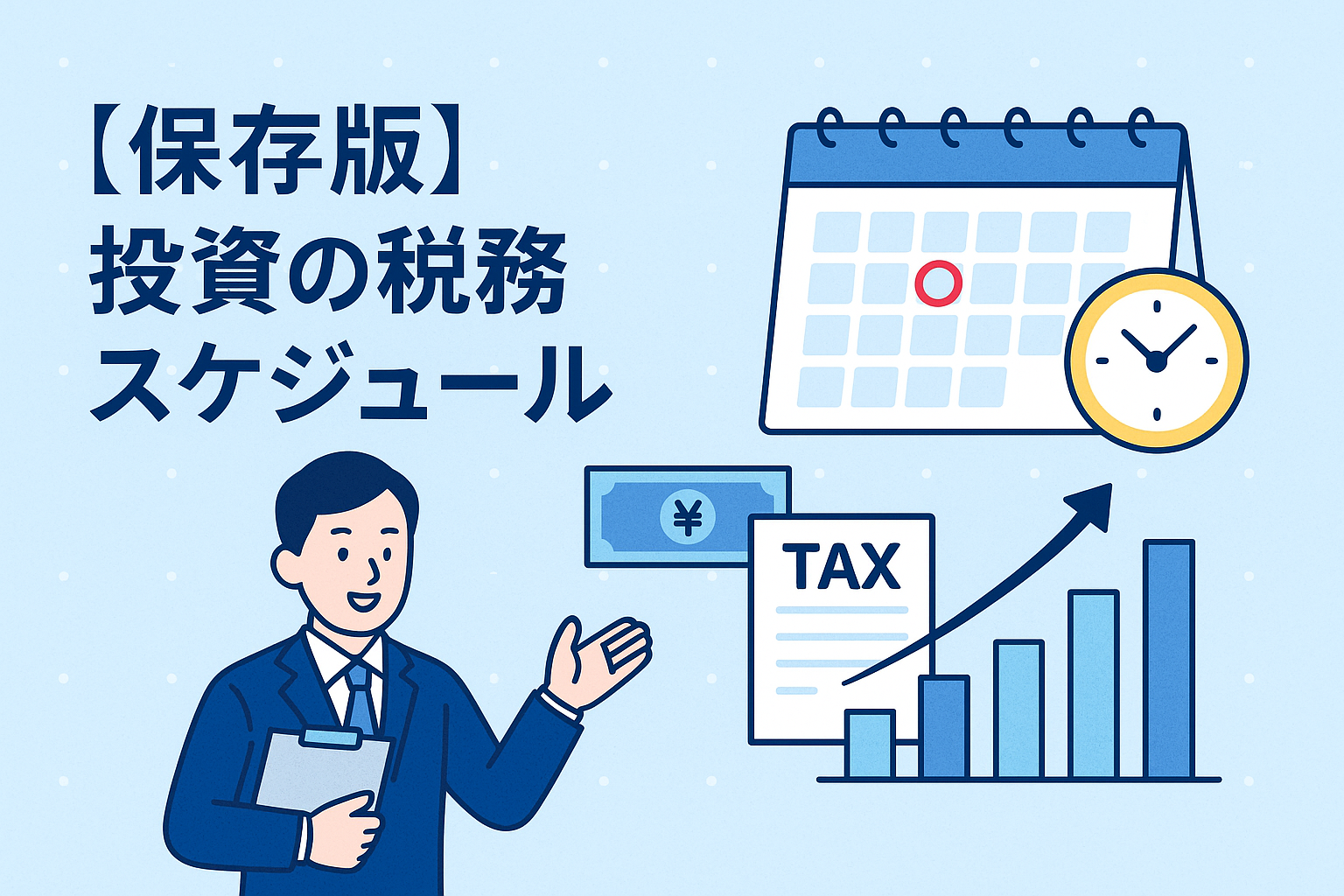 投資の税務スケジュールをわかりやすく表現したイラスト。カレンダーや時計、税金書類、グラフ、スーツ姿の男性が描かれ、投資の申告や納税の流れをイメージできるデザイン。