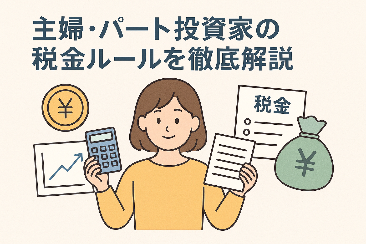 主婦やパートの女性が投資と税金について学ぶ様子を描いたイラスト。電卓や書類、円マークのコインが描かれ、投資家の税金ルールをわかりやすく表現している。