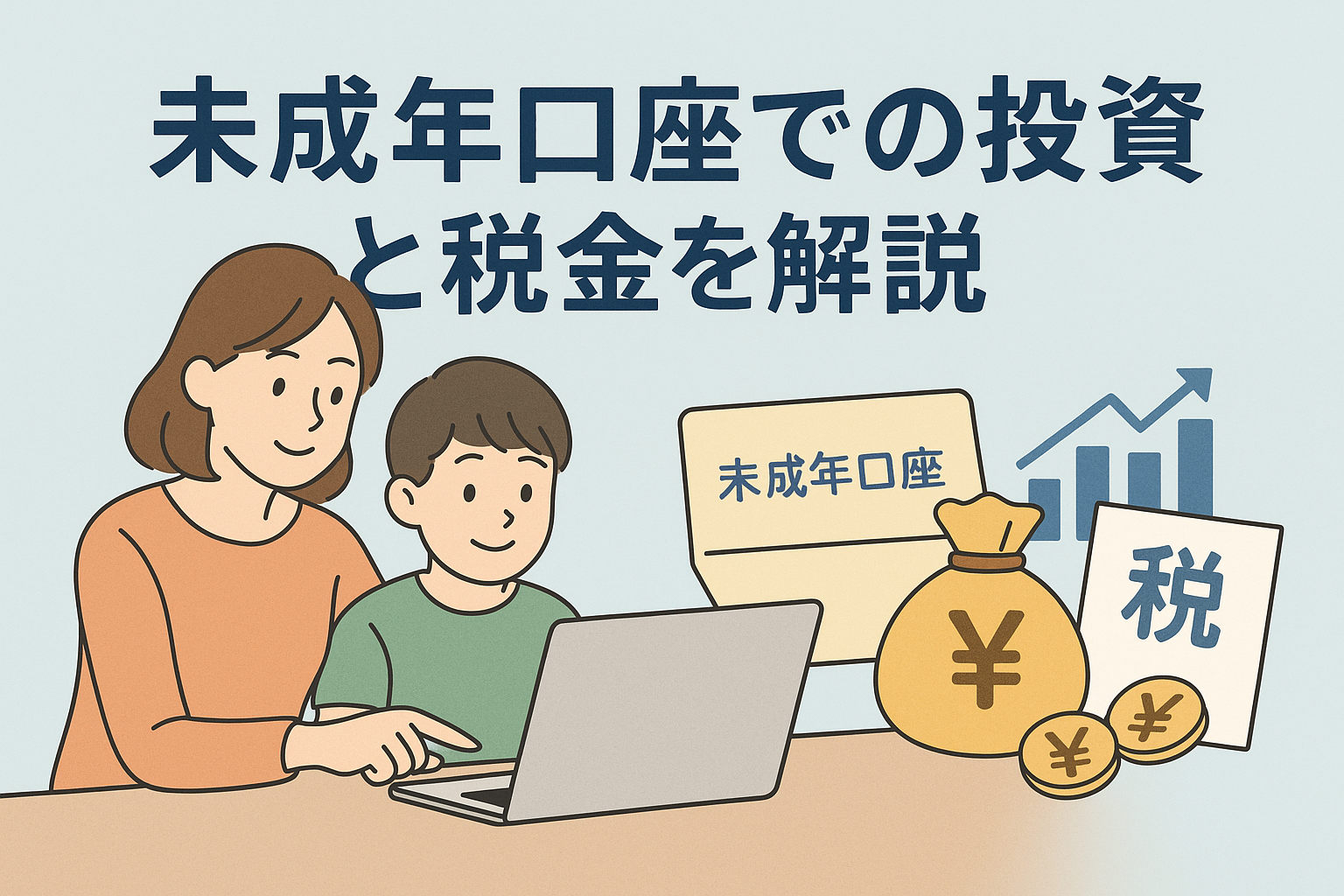 親子が一緒にパソコンを見ながら投資について学んでいるイラスト。背景には「未成年口座」や「税」と書かれた書類やグラフが描かれ、未成年の投資と税金の関係をわかりやすく表現している。