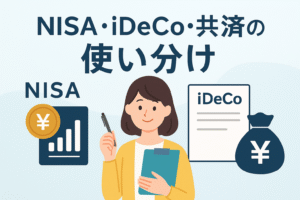 NISA・iDeCo・共済の違いと使い分けを解説するためのイラスト。投資・年金・共済のアイコンと、説明を行う女性キャラクターが描かれた、やさしくわかりやすいデザイン。