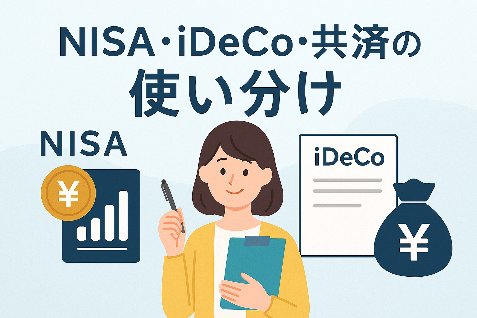 NISA・iDeCo・共済の違いと使い分けを解説するためのイラスト。投資・年金・共済のアイコンと、説明を行う女性キャラクターが描かれた、やさしくわかりやすいデザイン。