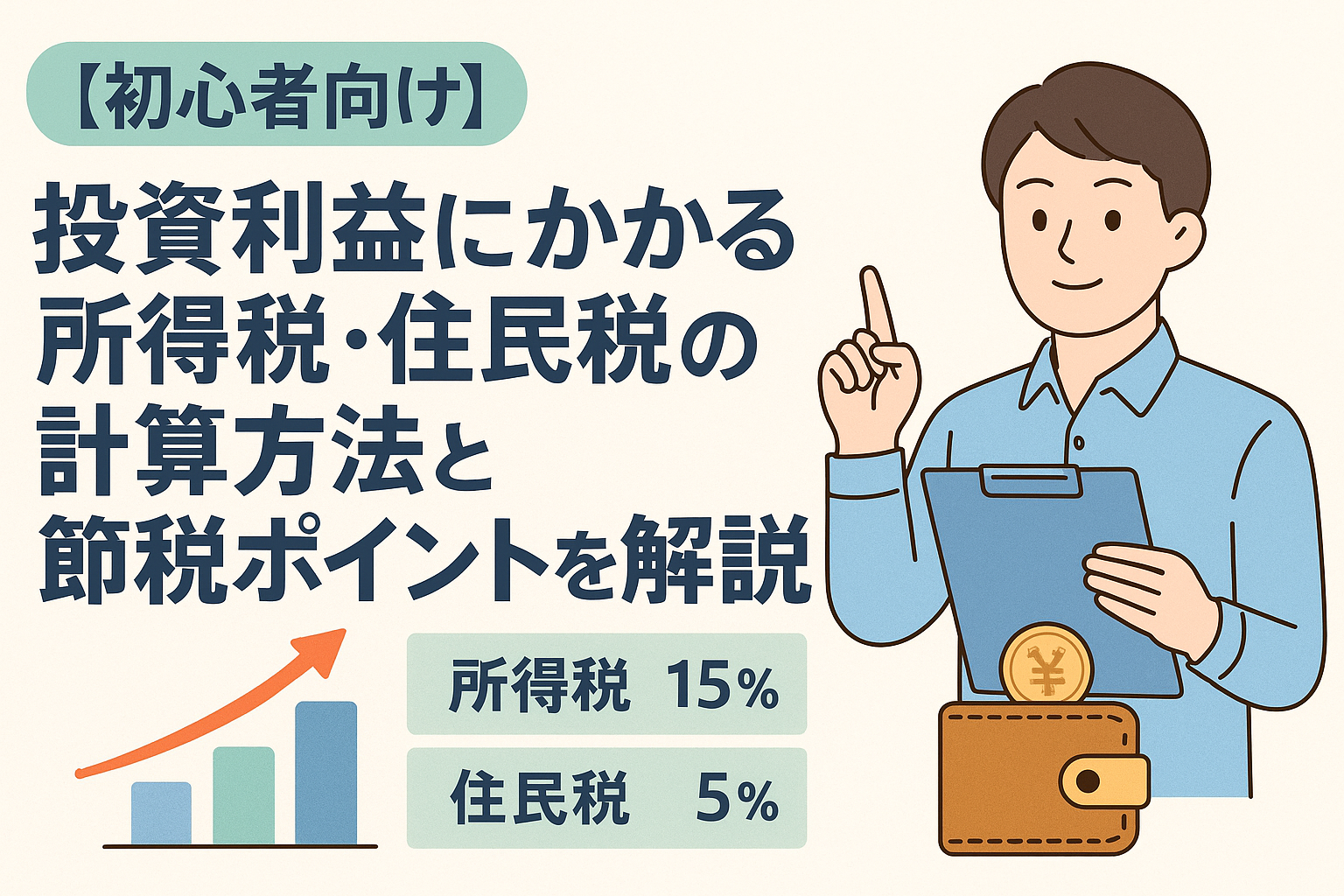 投資初心者向けに、所得税と住民税の計算方法をわかりやすく説明しているイラスト。電卓とグラフ、税率の数値が描かれ、節税のポイントを学ぶイメージが伝わるデザイン。