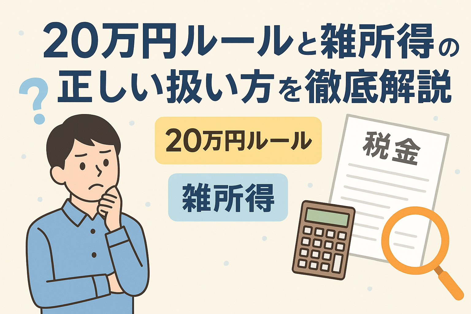 20万円ルールと雑所得の扱い方をテーマにしたイラスト。悩む男性の横に「20万円ルール」「雑所得」「税金」などの文字や書類、電卓が描かれ、投資や副業の税金をわかりやすく説明するイメージのデザイン。