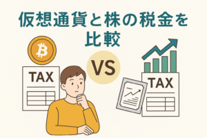 仮想通貨と株の税金の違いを比較するイラスト。ビットコインやグラフ、TAX書類を背景に、悩む男性が描かれ、仮想通貨と株式投資の課税ルールをわかりやすく表現している。