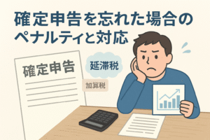 確定申告を忘れて焦る男性が、電卓と書類を前に悩んでいるイラスト。延滞税や加算税の文字が添えられ、確定申告を忘れたときのペナルティと対応をイメージしたわかりやすいデザイン。