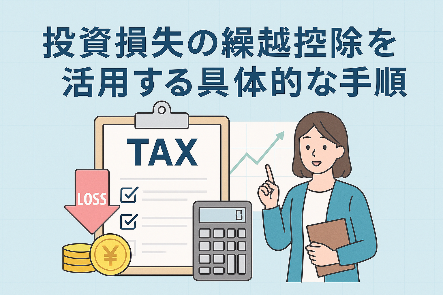 投資で損失を出したときに、繰越控除を使って翌年以降の利益と相殺する手順をわかりやすく解説するイメージ。女性がTAXと書かれた書類や電卓を指し示し、節税を説明しているイラスト。