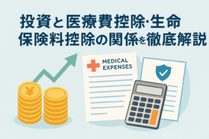 投資・医療費控除・生命保険料控除の関係を説明するイラスト。コインの山と上向きの矢印、医療費書類、保険証、電卓が並び、節税と資産管理をイメージしたデザイン。