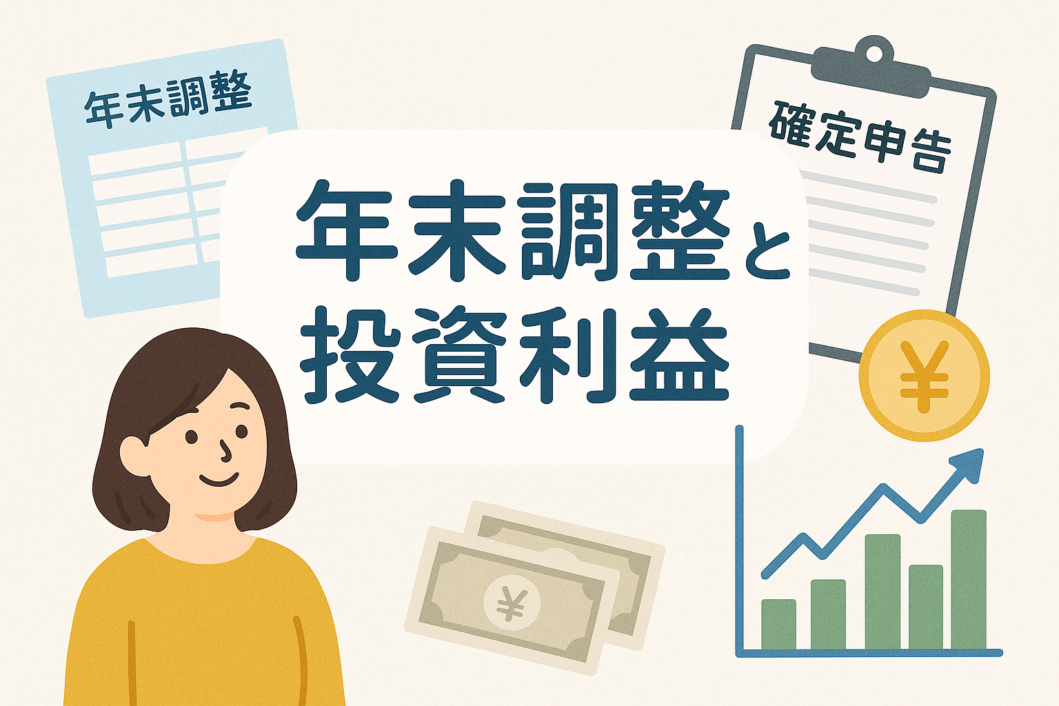 年末調整と投資利益の関係をわかりやすく表したイラスト。給与明細や確定申告書、上昇するグラフ、会社員の女性のイメージを使って、投資と税金のつながりを表現している。