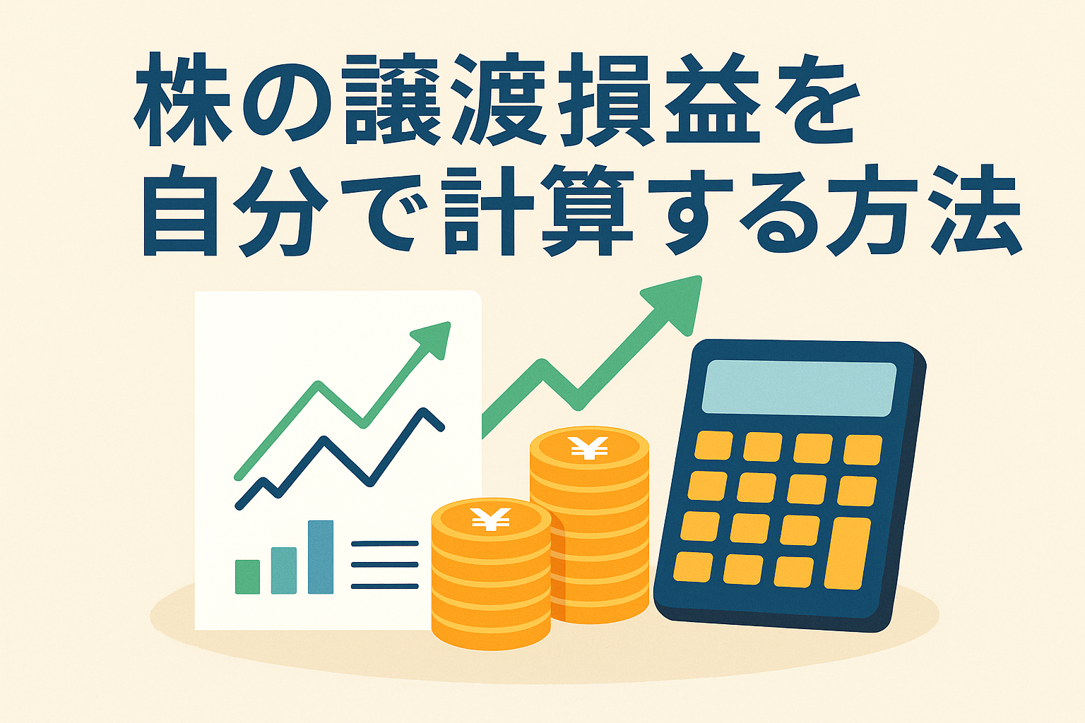 株の譲渡損益を自分で計算する方法をテーマにしたイラスト。電卓やグラフ、コインのイラストを背景に、投資初心者でも損益計算を理解できる内容をイメージしたデザイン。