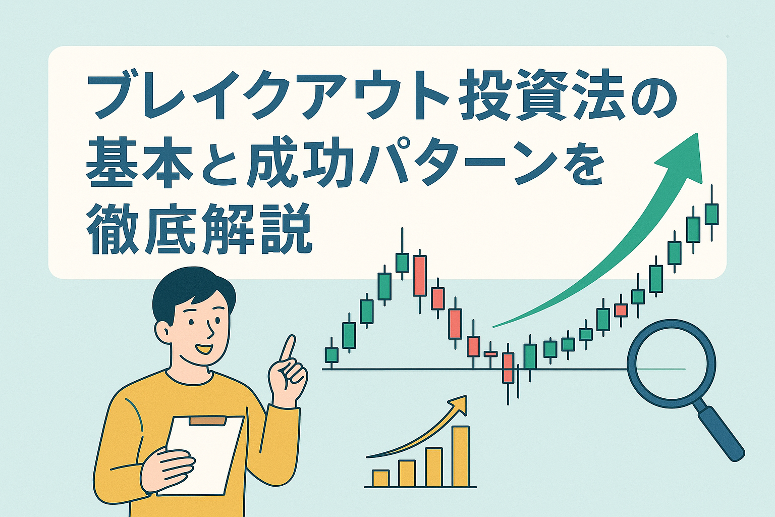 ブレイクアウト投資法の基本と成功パターンを解説するイラスト。チャートが上昇している様子や投資家がポイントを説明している姿が描かれた親しみやすいデザイン。