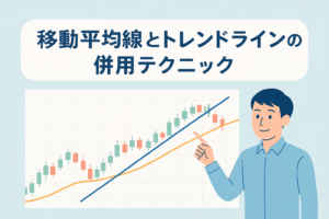 移動平均線とトレンドラインの併用テクニックを解説するイラスト。株価チャートに上昇トレンドのローソク足、オレンジ色の移動平均線、青いトレンドラインが描かれ、投資家がポイントを示している。