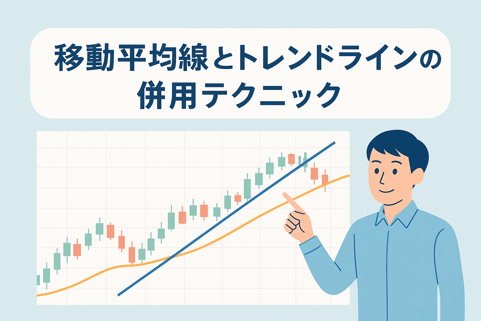 移動平均線とトレンドラインの併用テクニックを解説するイラスト。株価チャートに上昇トレンドのローソク足、オレンジ色の移動平均線、青いトレンドラインが描かれ、投資家がポイントを示している。
