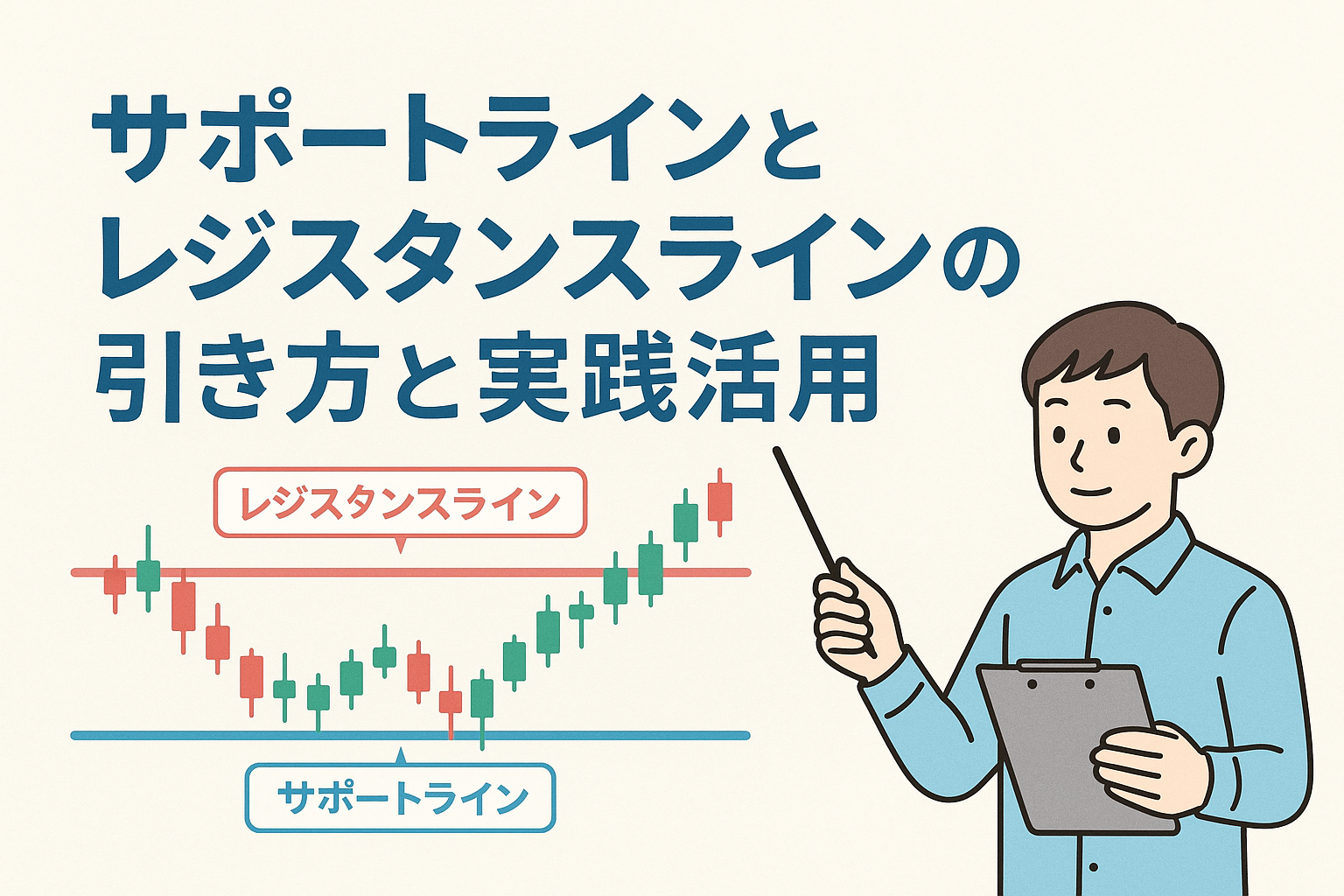サポートラインとレジスタンスラインの引き方と実践活用を解説するイラスト。株価チャート上に赤と青のラインが引かれ、投資家が指し示している親しみやすい教育的デザイン。