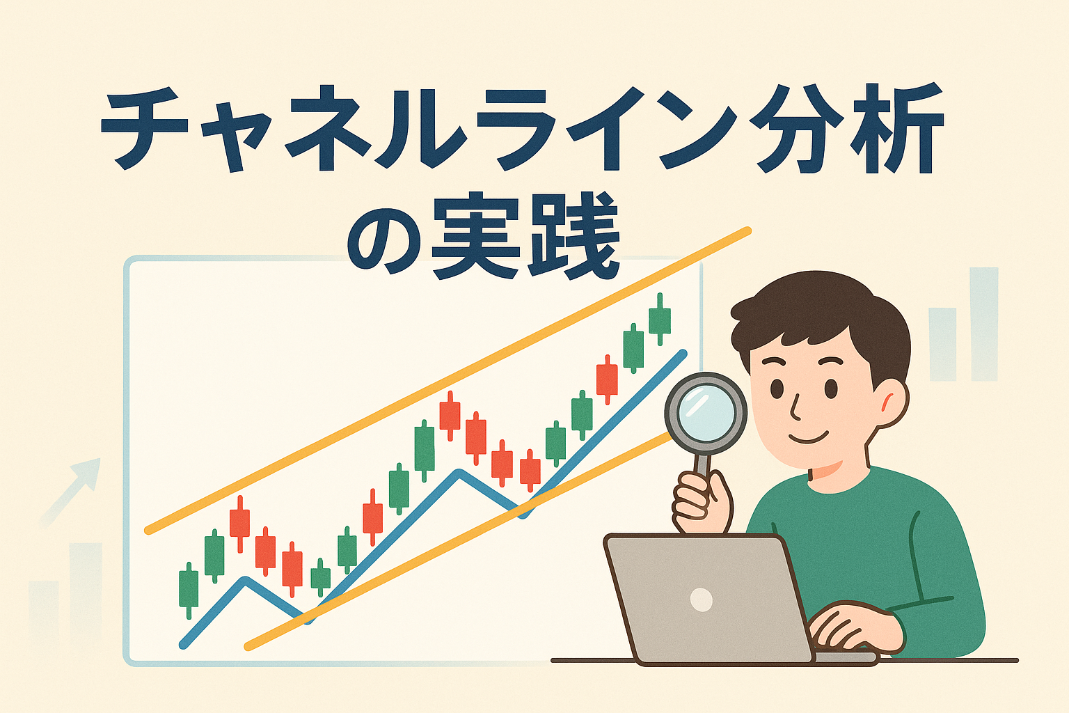 チャネルライン分析を解説するイラスト。上昇トレンドを示すローソク足チャートに平行なラインが描かれ、投資家がパソコンでチャートを分析している様子を表現。